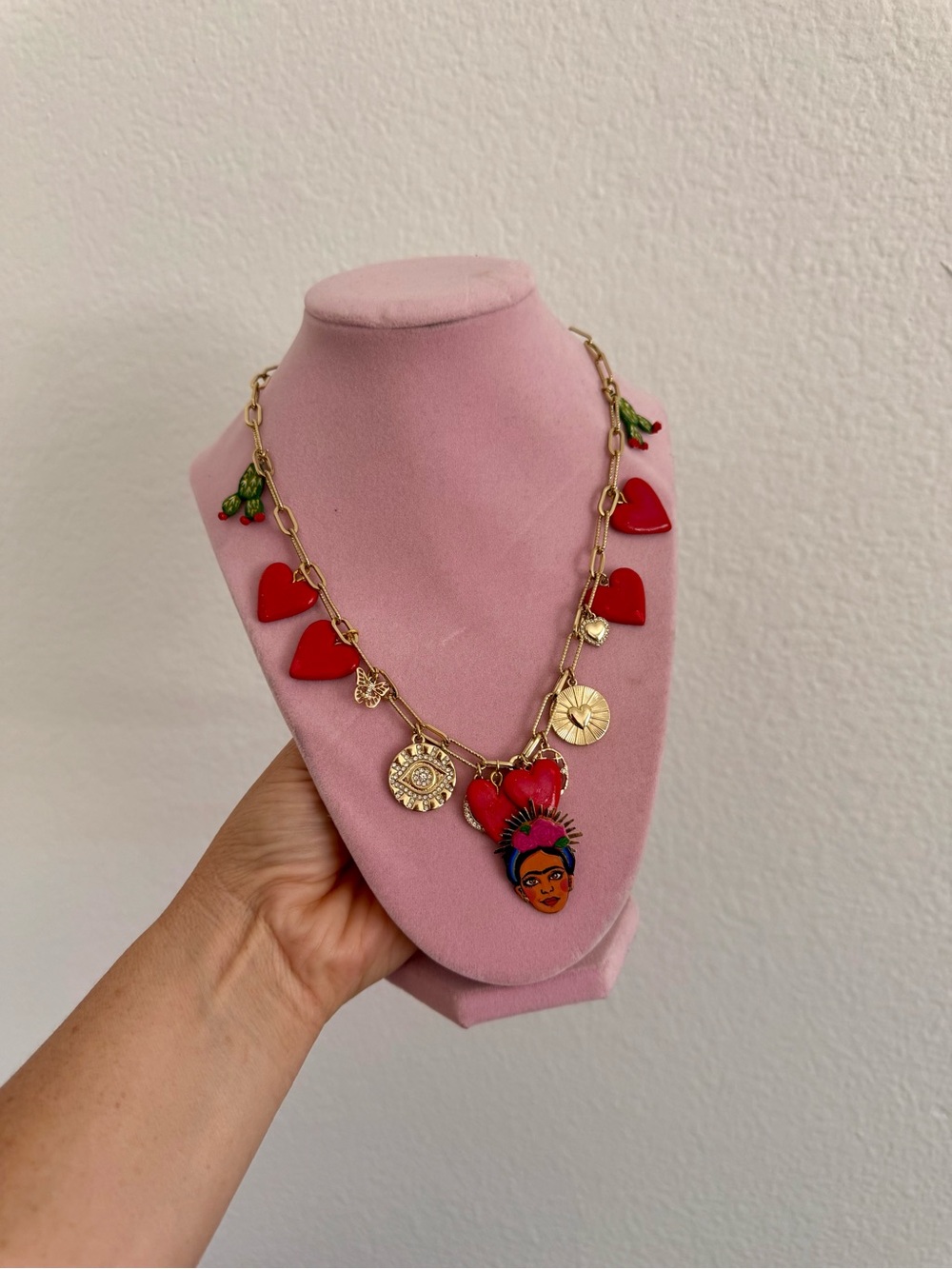 Gold-Tone Frida Kahlo Red Heart Charm Necklace